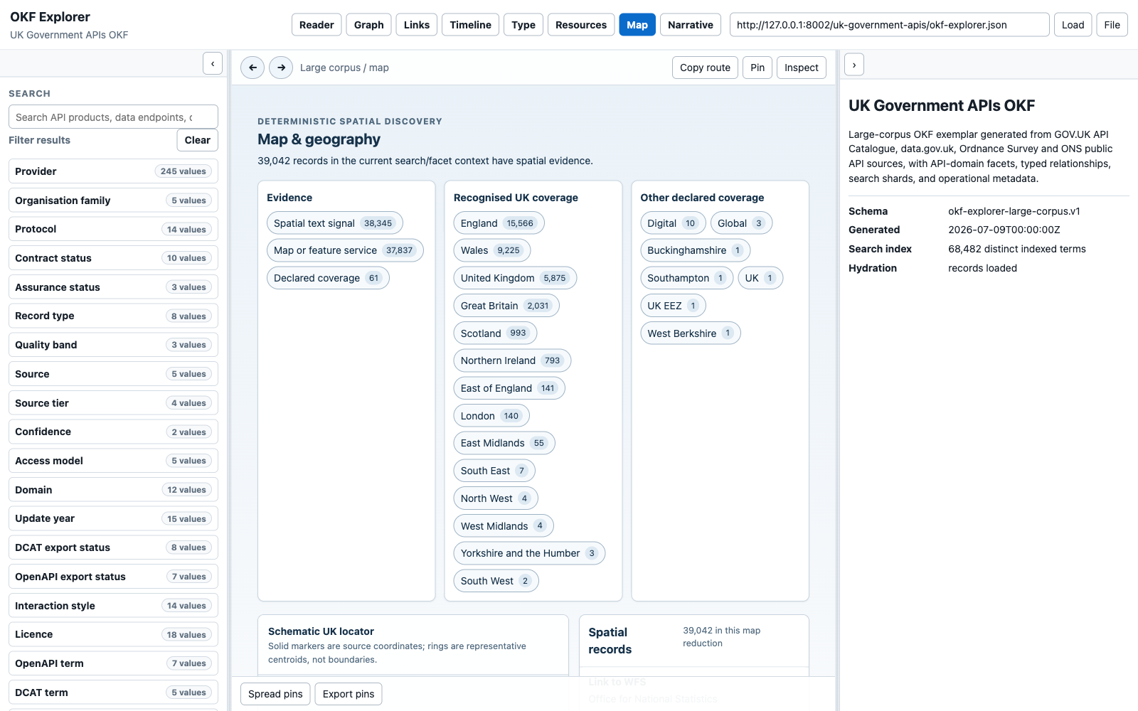 The Map canvas classifying the UK Government APIs bundle into evidence, recognised coverage and declared coverage