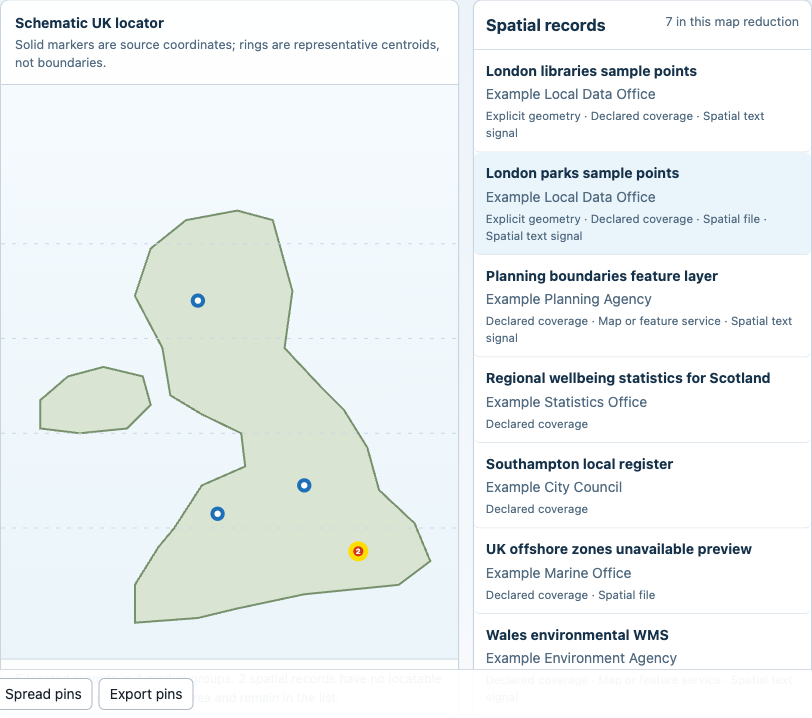 A selected mapped record with source-coordinate and representative-centroid conventions explained beside the locator