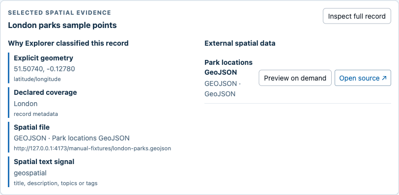 A selected record showing its classification evidence, representative-centroid caveat and external resources