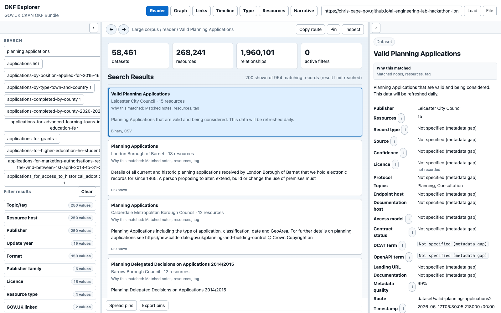 Planning applications search showing a bounded result total and match explanations